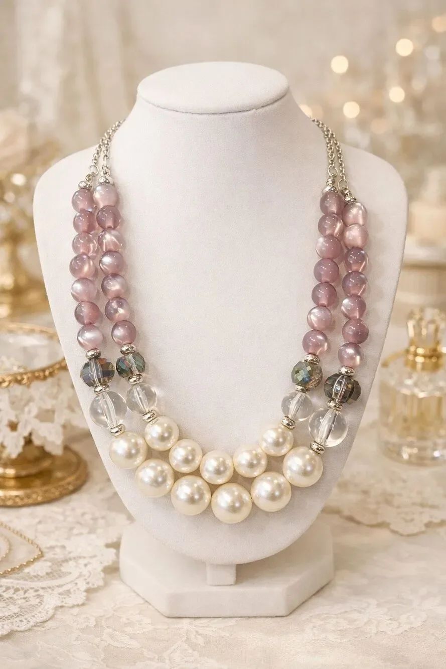 Elegant Double Strand Necklace with Mauve, Clear, and White Pearl Bead Creations